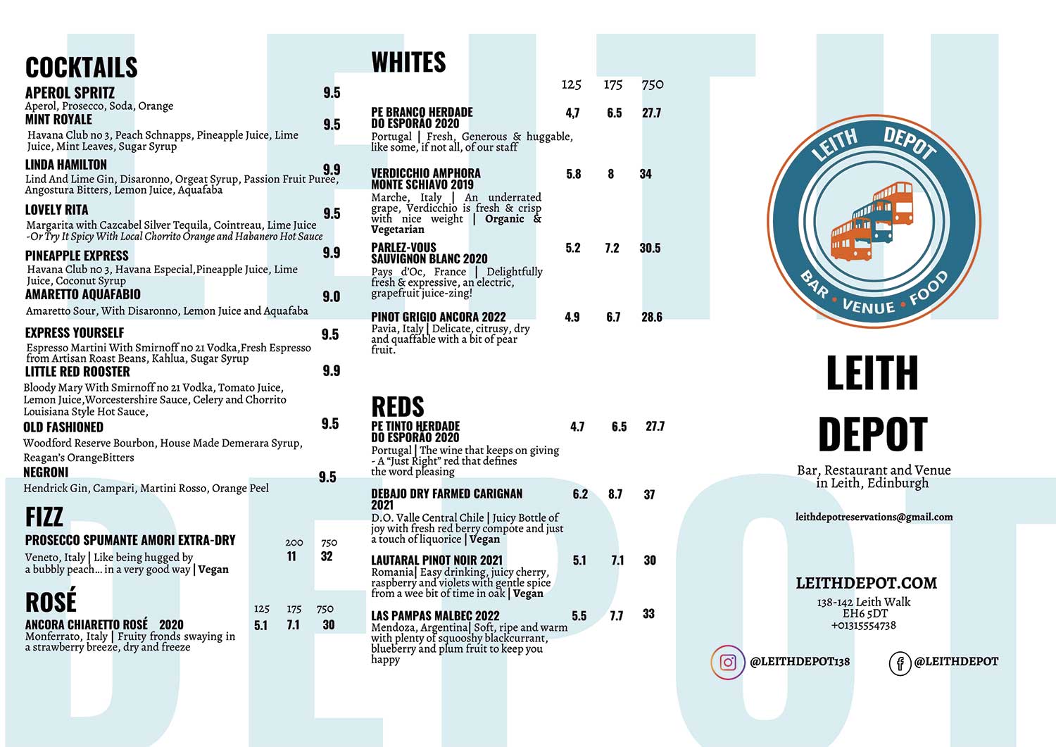 Leith Depot Food and Drinks Menu 2025